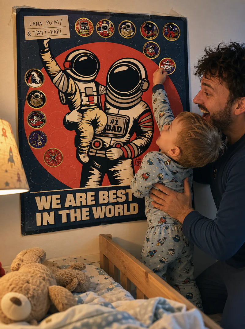 Dad holds his toddler up to stick a sticker on an astronaut poster reading We Are Best in the World