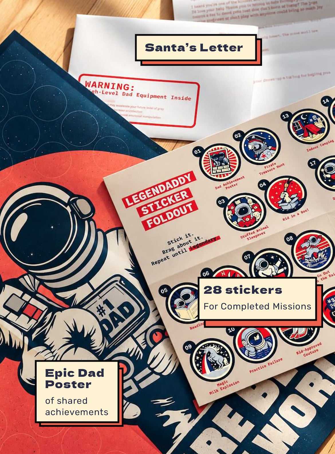 Flat-lay of the astronaut poster, the 28-sticker foldout and Santa's letter envelope on a wooden floor