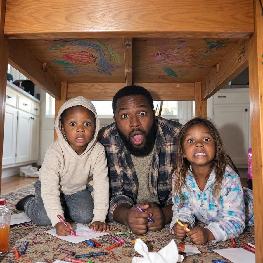 Three children and a man sitting under a wooden cabinet with crayons on a table.
